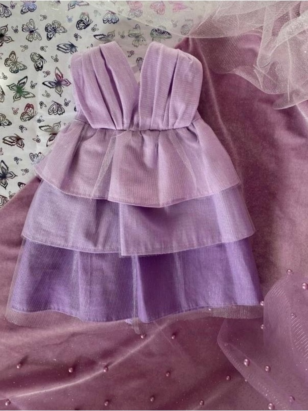 Handmade Lavender 3 Tiered 18” Doll Dress